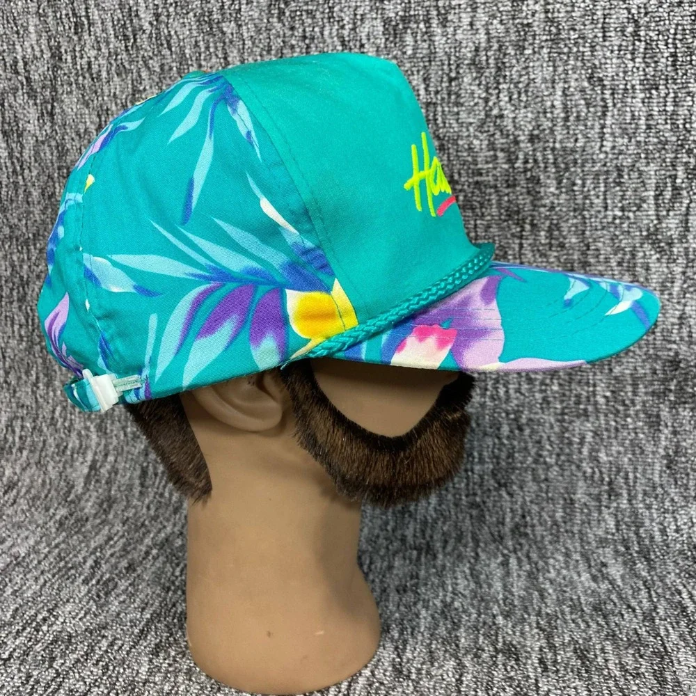 VTG Hawaii Hat Hawaiian Headwear Snapback Cap Floral Tropical Teal 80s 90s Rope